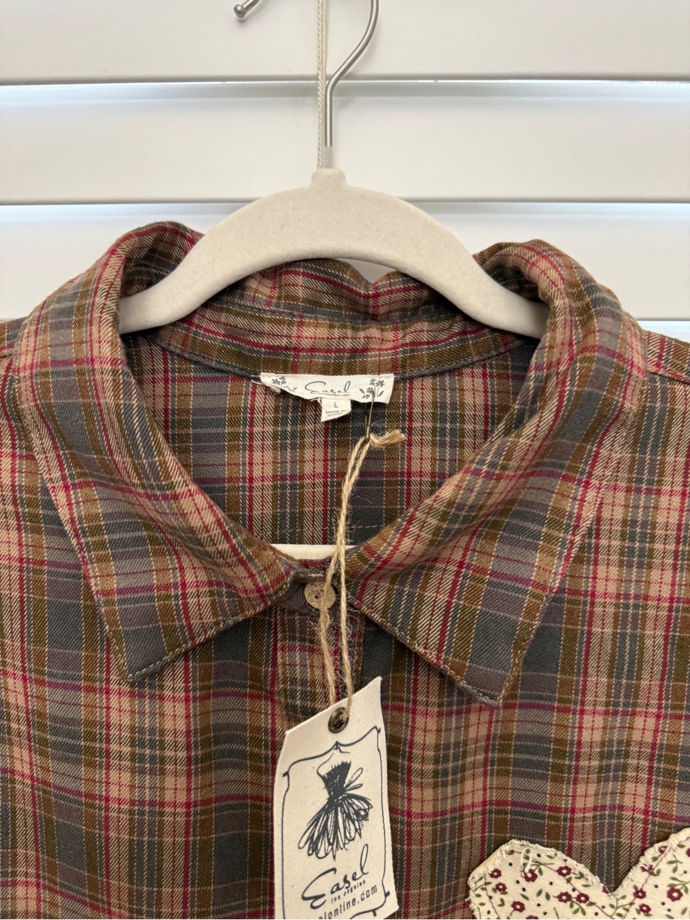 easel Plaid Button-Down Top with Floral Appliqué in Brown and Olive - Picture 2 of 9